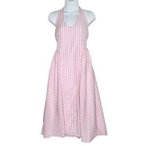 Fashion Nova Gingham Plunge Midi Dress M NEW Pink White Summer Travel